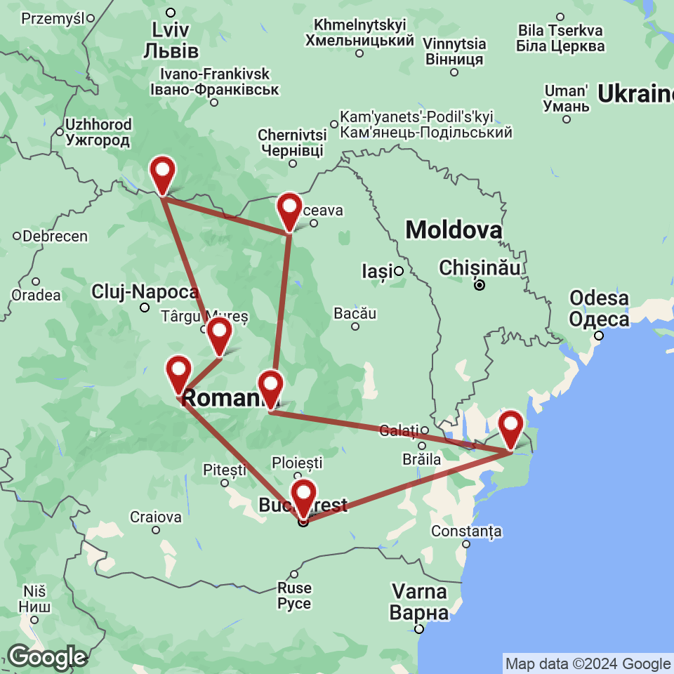 Route for Bucharest, Danube Delta, Brasov, Gura Humorului, Sighetu Marmatiei, Sighisoara, Sibiu, Bucharest tour